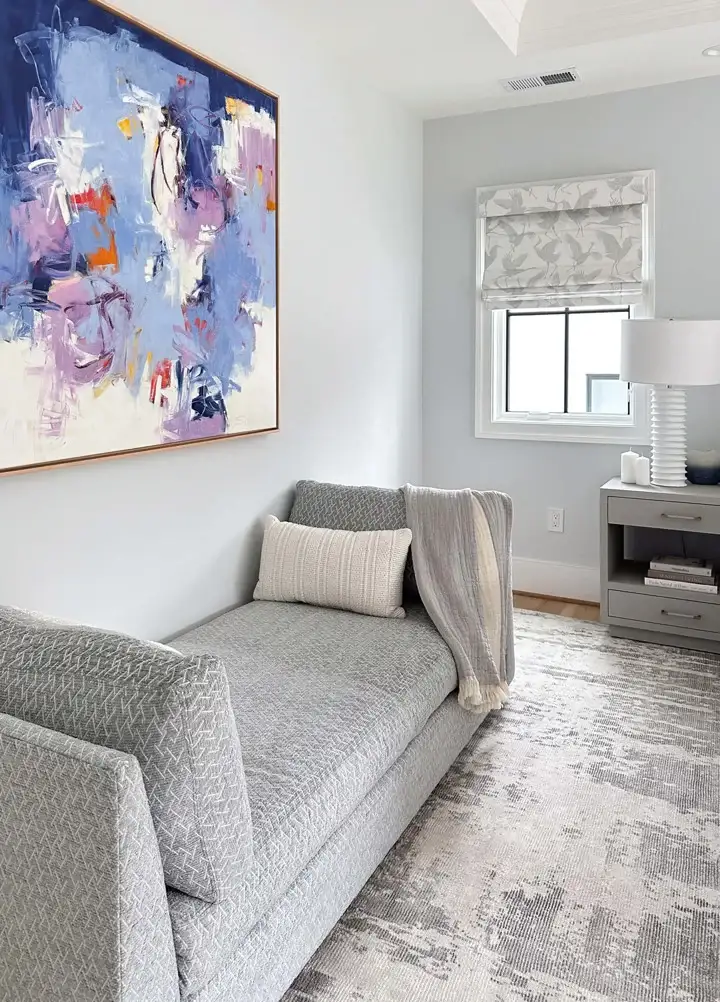light blue palette master bedroom, nail head headboard , transitional bedroom , serene bedroom design